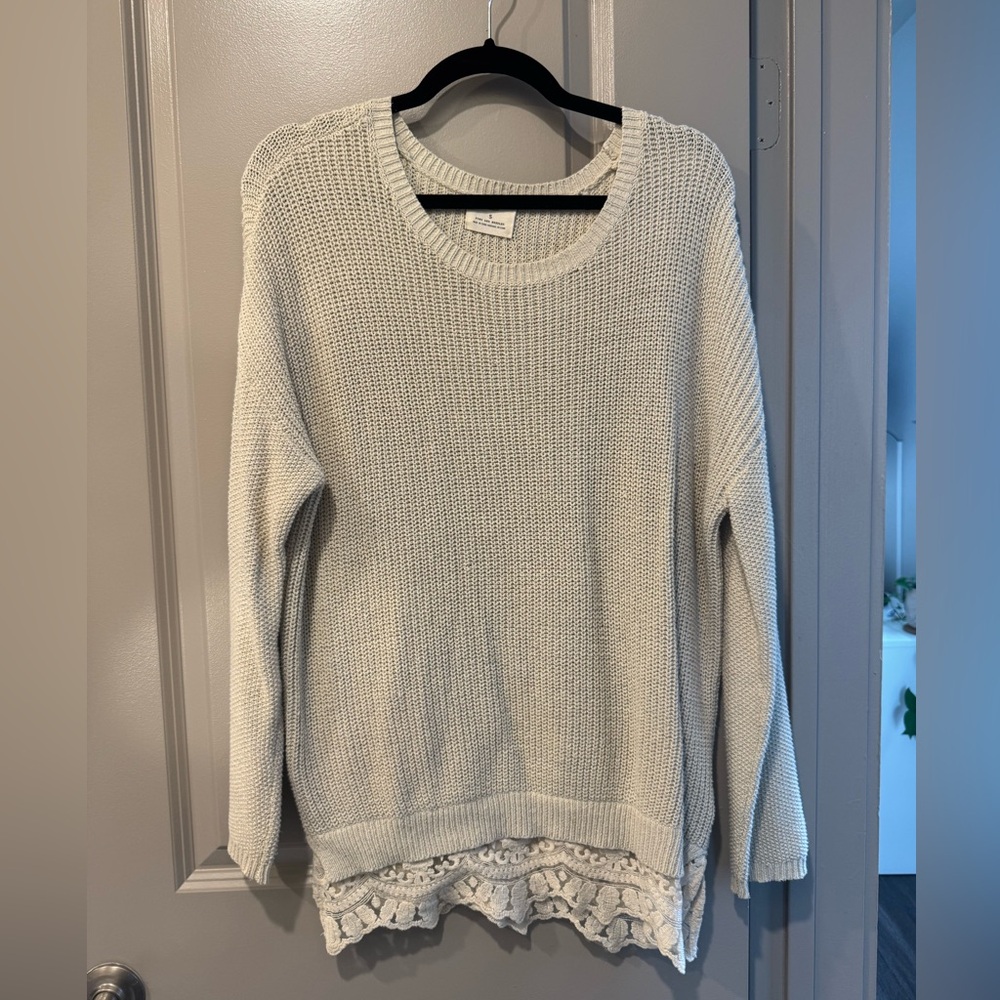 Pins & Needles Cream Knit Crewneck Sweater with Lace Trim